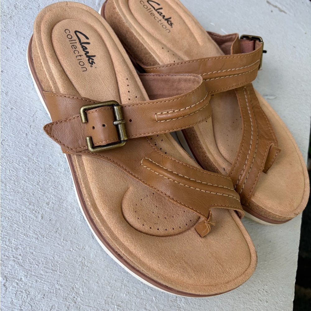 Clarks Brown Leather Buckle Thong Sandals